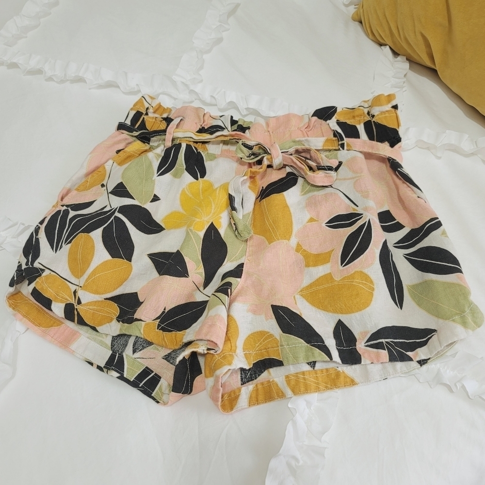 Rachel Zoe linen floral Summer Beach paper bag waist shorts tie belt